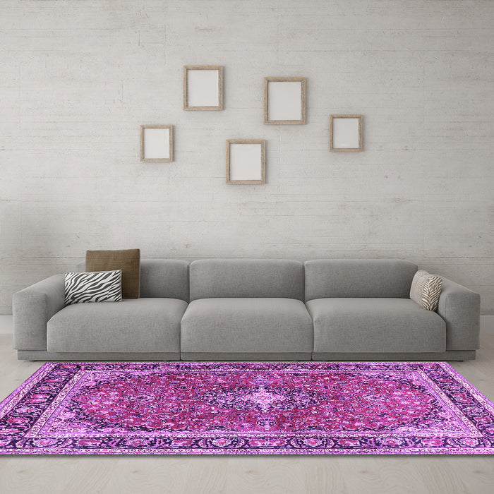Machine Washable Medallion Purple Traditional Area Rugs in a Living Room, wshtr2488pur