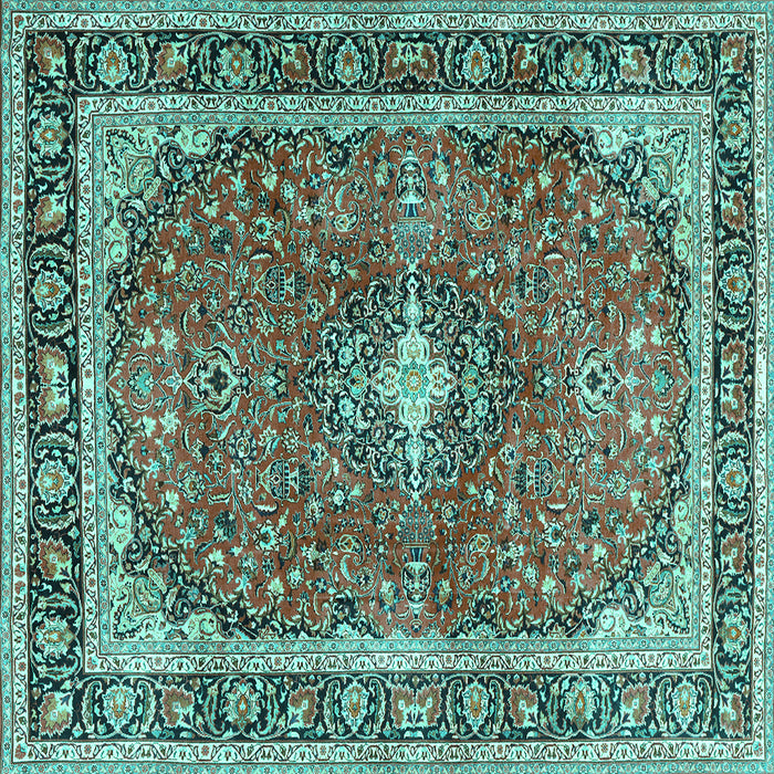 Square Machine Washable Medallion Turquoise Traditional Area Rugs, wshtr2488turq