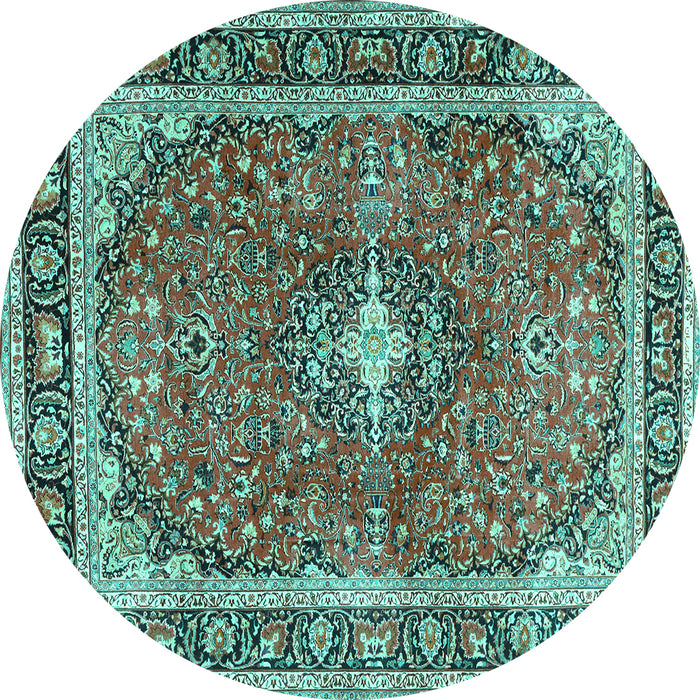Round Machine Washable Medallion Turquoise Traditional Area Rugs, wshtr2488turq