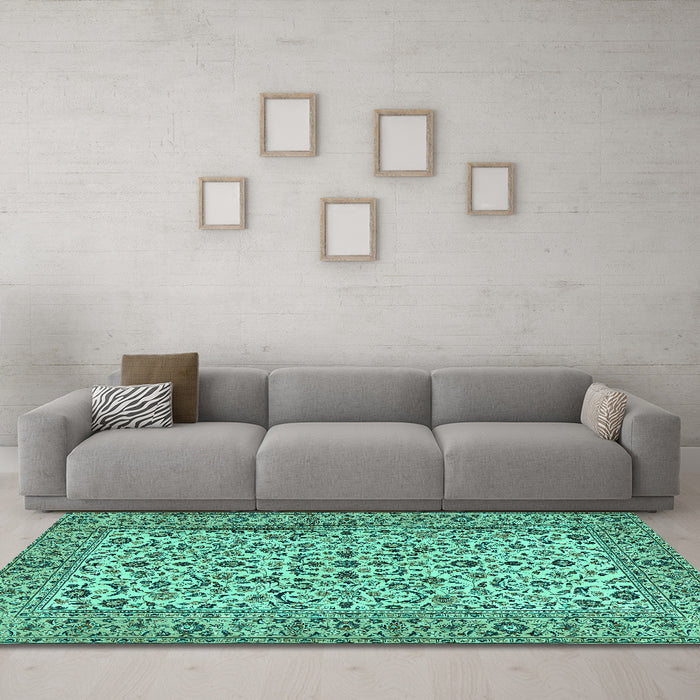Machine Washable Persian Turquoise Traditional Area Rugs in a Living Room,, wshtr2489turq