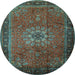 Round Machine Washable Medallion Light Blue Traditional Rug, wshtr248lblu