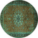 Round Machine Washable Medallion Turquoise Traditional Area Rugs, wshtr248turq