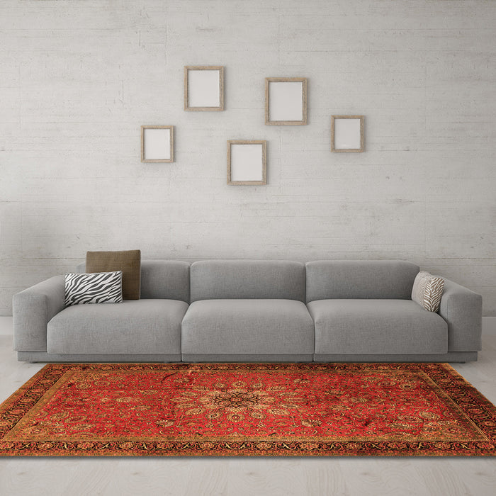 Machine Washable Medallion Orange Traditional Area Rugs in a Living Room, wshtr248org