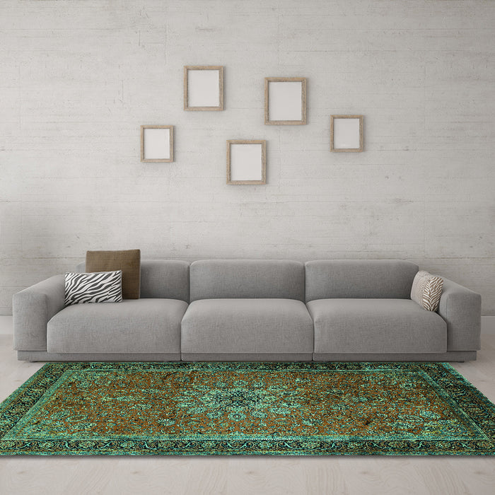 Machine Washable Medallion Turquoise Traditional Area Rugs in a Living Room,, wshtr248turq