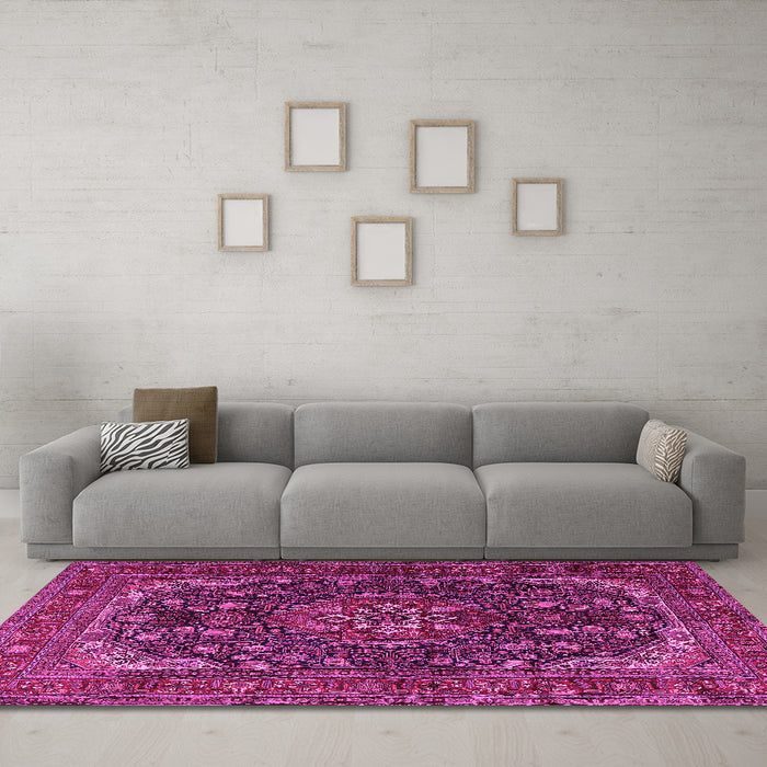 Machine Washable Medallion Pink Traditional Rug in a Living Room, wshtr2491pnk