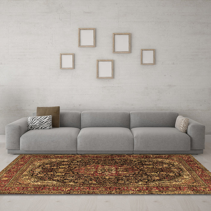 Machine Washable Medallion Brown Traditional Rug in a Living Room,, wshtr2491brn