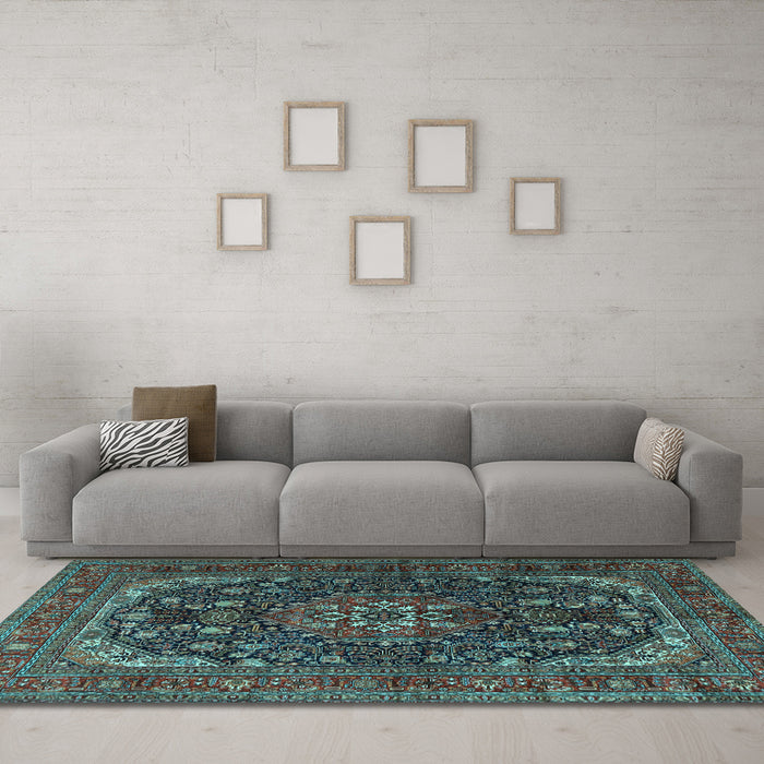Machine Washable Medallion Light Blue Traditional Rug in a Living Room, wshtr2491lblu
