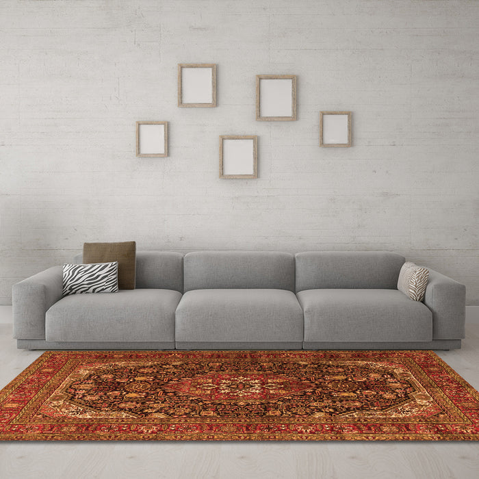Machine Washable Medallion Orange Traditional Area Rugs in a Living Room, wshtr2491org