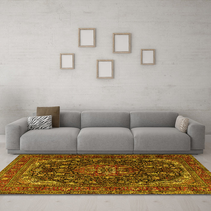 Machine Washable Medallion Yellow Traditional Rug in a Living Room, wshtr2491yw