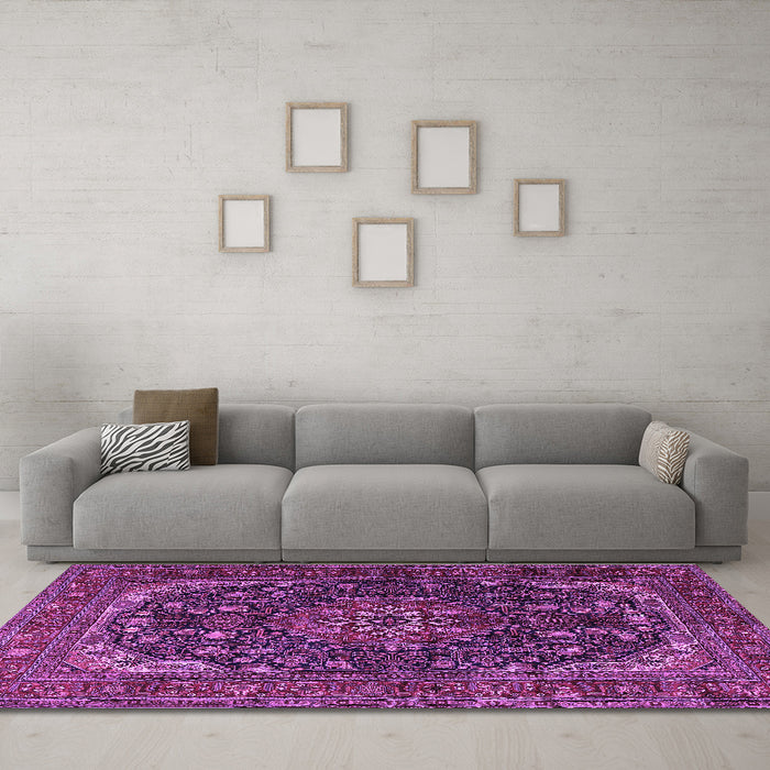 Machine Washable Medallion Purple Traditional Area Rugs in a Living Room, wshtr2491pur