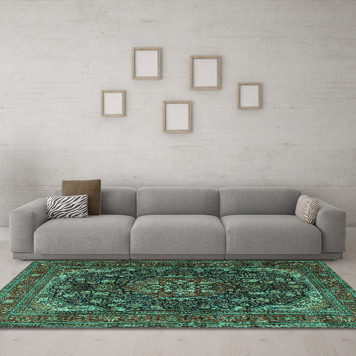 Machine Washable Medallion Turquoise Traditional Area Rugs in a Living Room,, wshtr2491turq