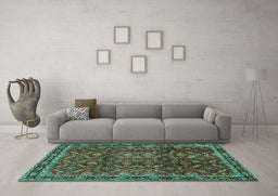 Machine Washable Persian Turquoise Traditional Area Rugs in a Living Room,, wshtr2492turq
