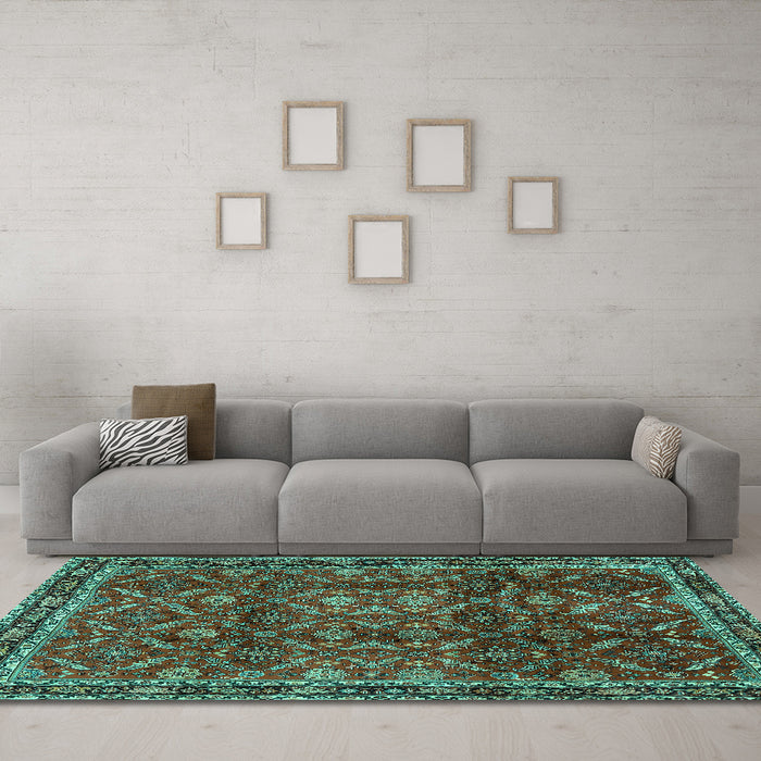 Machine Washable Persian Turquoise Traditional Area Rugs in a Living Room,, wshtr2492turq