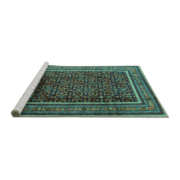 Sideview of Machine Washable Persian Turquoise Traditional Area Rugs, wshtr2493turq