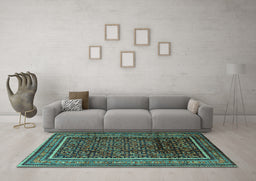 Machine Washable Persian Turquoise Traditional Area Rugs in a Living Room,, wshtr2493turq
