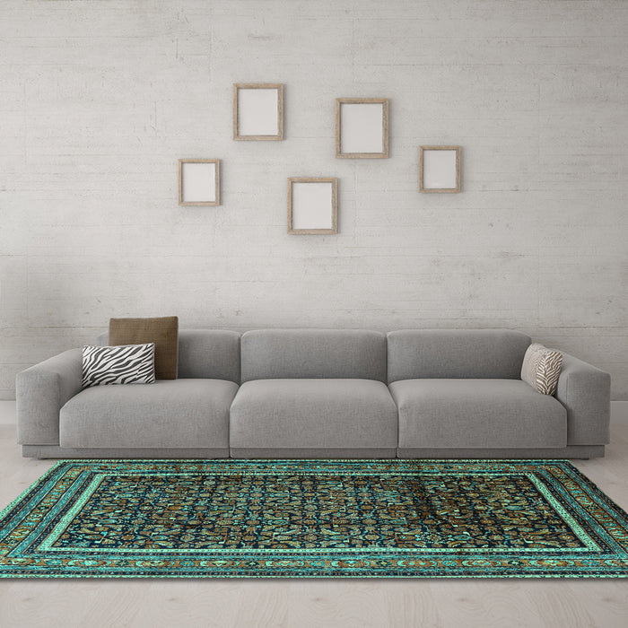 Machine Washable Persian Turquoise Traditional Area Rugs in a Living Room,, wshtr2493turq