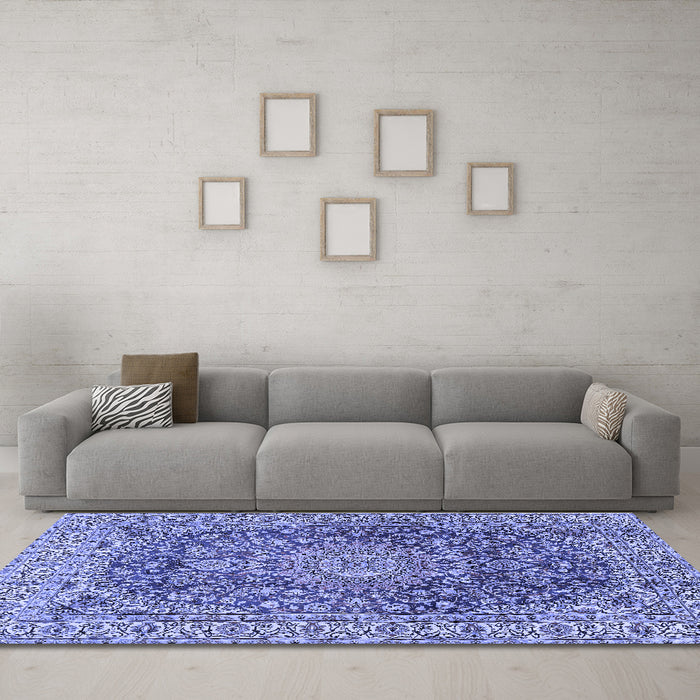 Machine Washable Medallion Blue Traditional Rug in a Living Room, wshtr2494blu