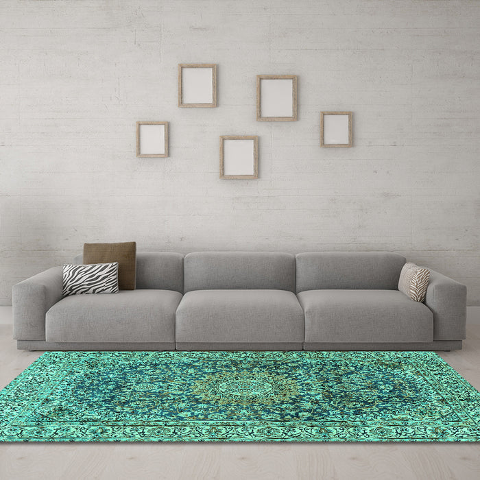 Machine Washable Medallion Turquoise Traditional Area Rugs in a Living Room,, wshtr2494turq