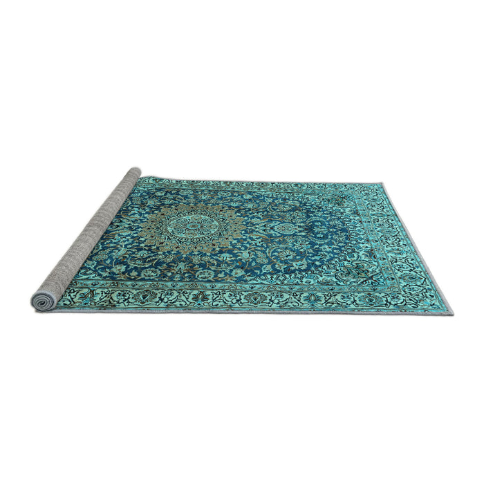 Sideview of Machine Washable Medallion Light Blue Traditional Rug, wshtr2494lblu