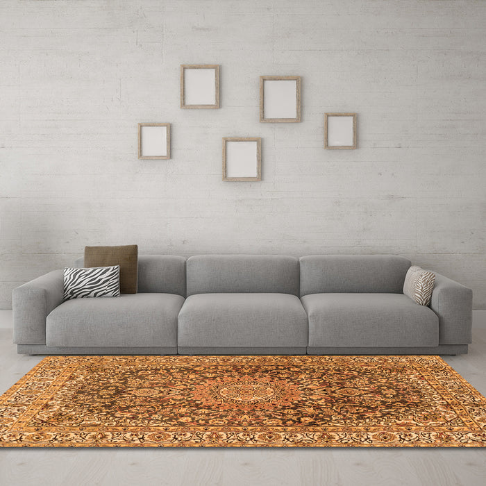 Machine Washable Medallion Orange Traditional Area Rugs in a Living Room, wshtr2494org