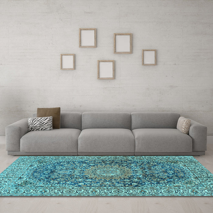 Machine Washable Medallion Light Blue Traditional Rug in a Living Room, wshtr2494lblu