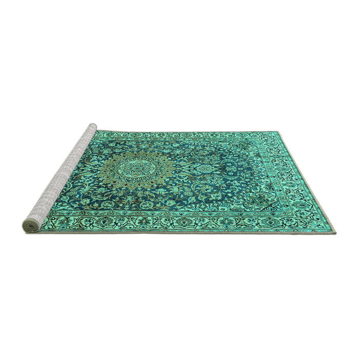 Sideview of Machine Washable Medallion Turquoise Traditional Area Rugs, wshtr2494turq