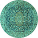 Round Machine Washable Medallion Turquoise Traditional Area Rugs, wshtr2494turq