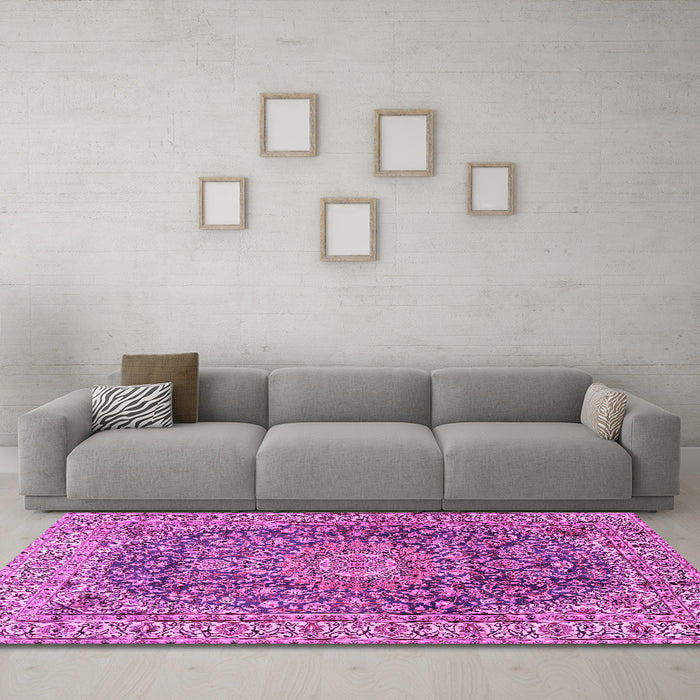 Machine Washable Medallion Pink Traditional Rug in a Living Room, wshtr2494pnk