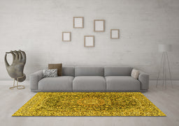 Machine Washable Medallion Yellow Traditional Rug in a Living Room, wshtr2494yw