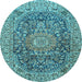 Round Machine Washable Medallion Light Blue Traditional Rug, wshtr2494lblu