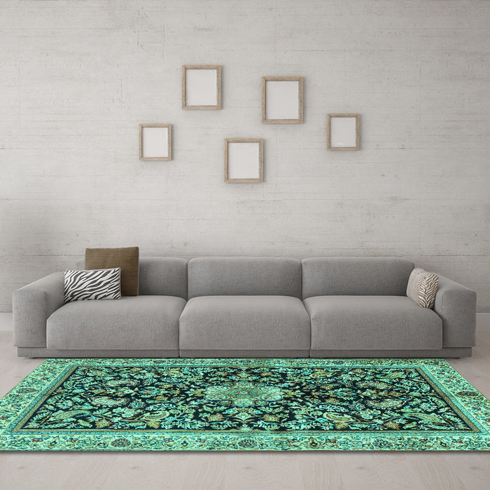 Machine Washable Animal Turquoise Traditional Area Rugs in a Living Room,, wshtr2495turq