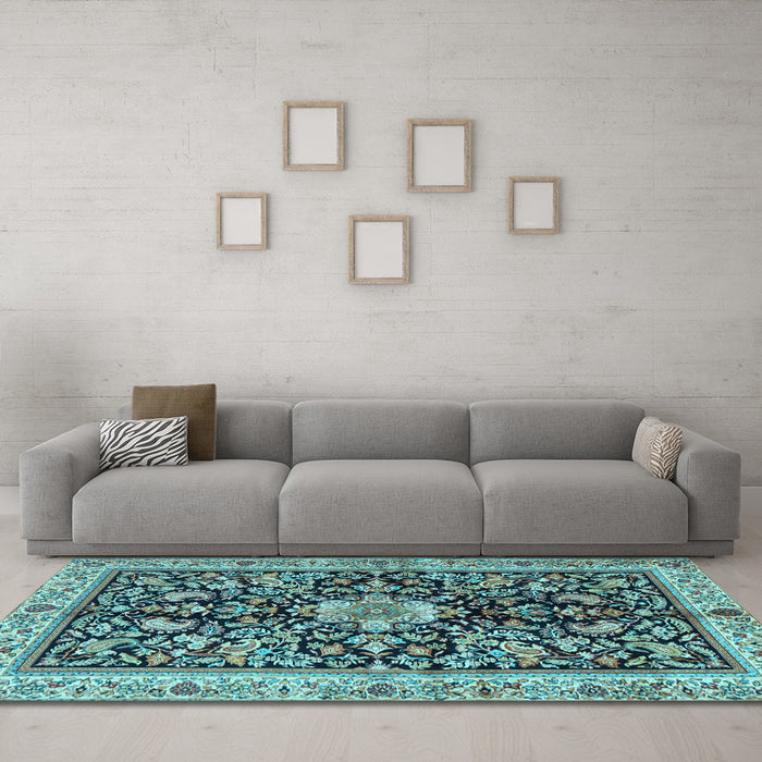 Machine Washable Animal Light Blue Traditional Rug in a Living Room, wshtr2495lblu