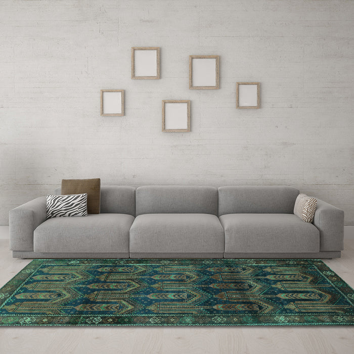 Machine Washable Persian Turquoise Traditional Area Rugs in a Living Room,, wshtr2498turq