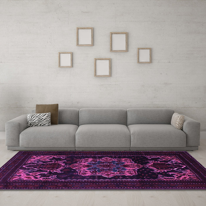 Machine Washable Persian Purple Traditional Area Rugs in a Living Room, wshtr2499pur