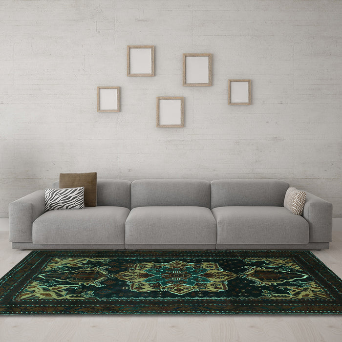 Machine Washable Persian Turquoise Traditional Area Rugs in a Living Room,, wshtr2499turq