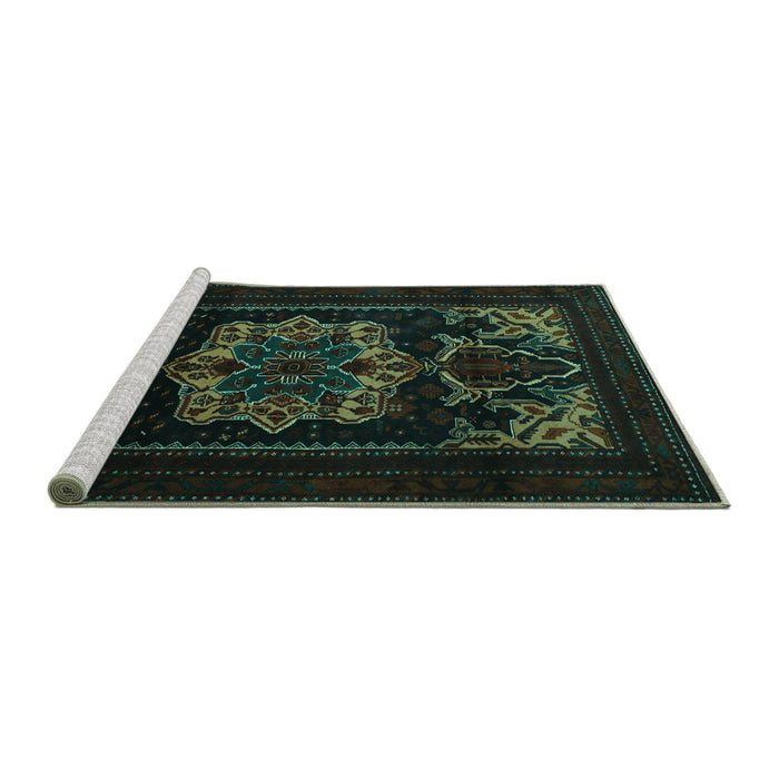 Sideview of Machine Washable Persian Turquoise Traditional Area Rugs, wshtr2499turq