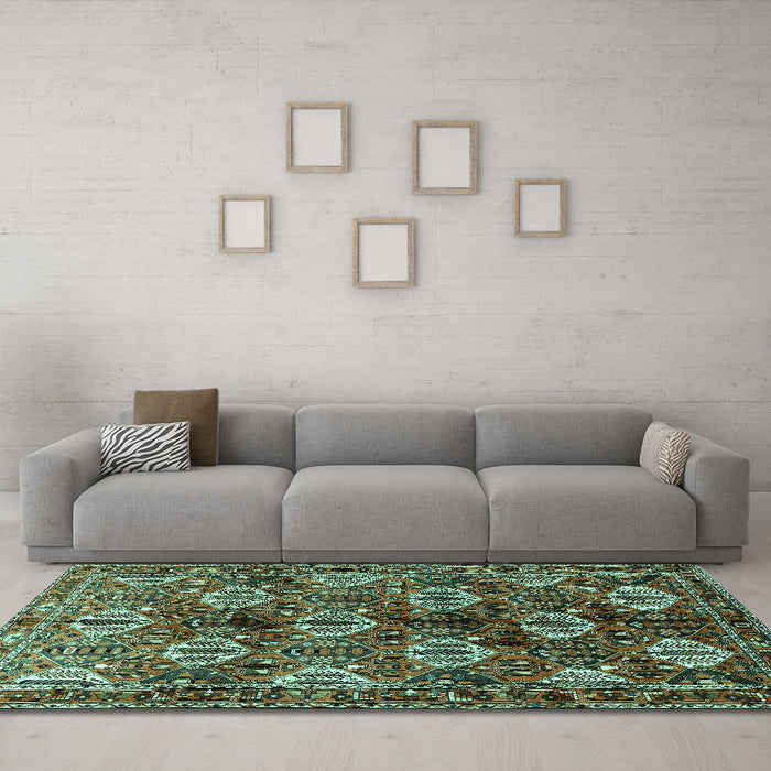 Machine Washable Persian Turquoise Traditional Area Rugs in a Living Room,, wshtr249turq