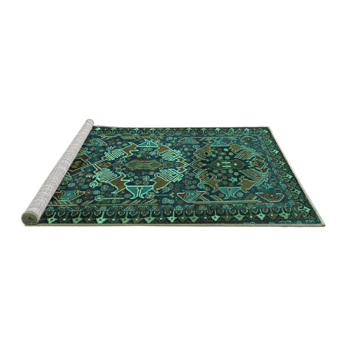 Sideview of Machine Washable Persian Turquoise Traditional Area Rugs, wshtr2500turq