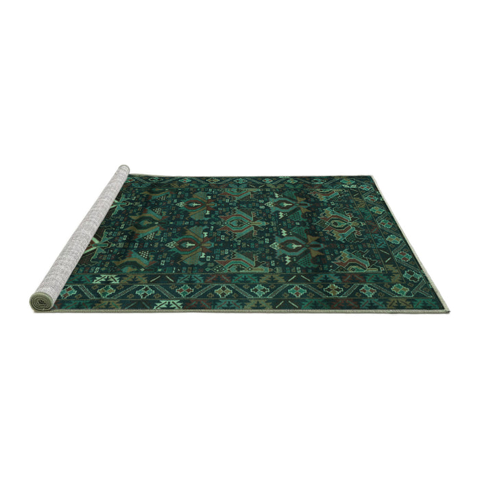 Sideview of Machine Washable Persian Turquoise Traditional Area Rugs, wshtr2502turq