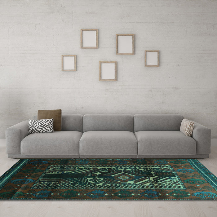 Machine Washable Persian Turquoise Traditional Area Rugs in a Living Room,, wshtr2503turq