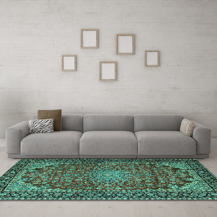 Machine Washable Persian Turquoise Traditional Area Rugs in a Living Room,, wshtr2504turq
