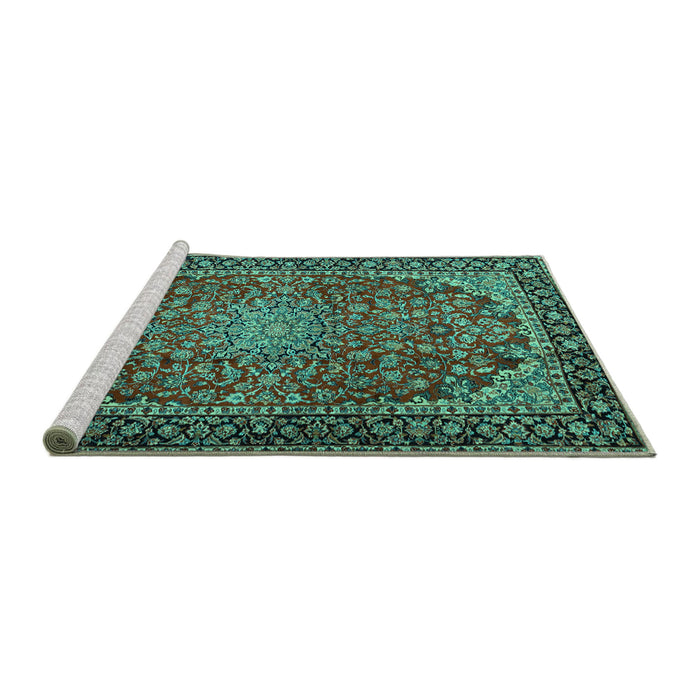 Sideview of Machine Washable Persian Turquoise Traditional Area Rugs, wshtr2504turq
