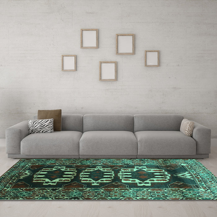 Machine Washable Persian Turquoise Traditional Area Rugs in a Living Room,, wshtr2506turq