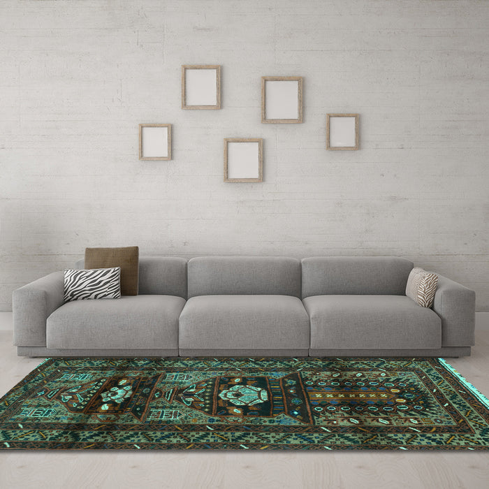 Machine Washable Persian Turquoise Traditional Area Rugs in a Living Room,, wshtr2507turq