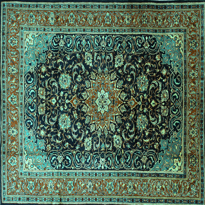 Square Machine Washable Medallion Turquoise Traditional Area Rugs, wshtr250turq