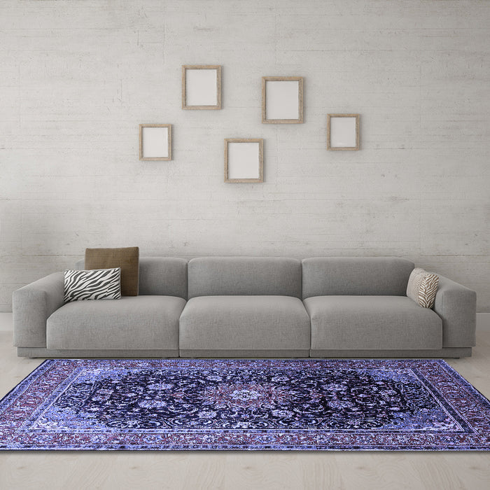 Machine Washable Medallion Blue Traditional Rug in a Living Room, wshtr250blu