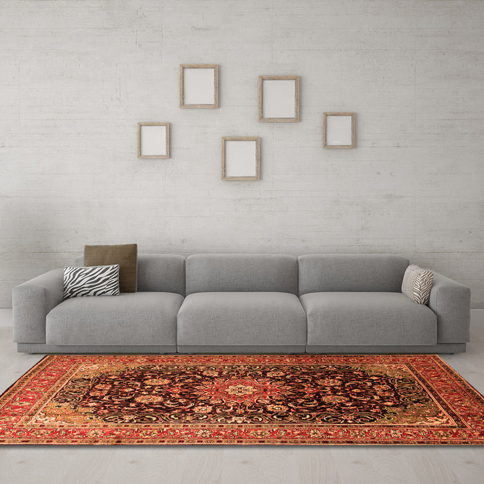 Machine Washable Medallion Orange Traditional Area Rugs in a Living Room, wshtr250org