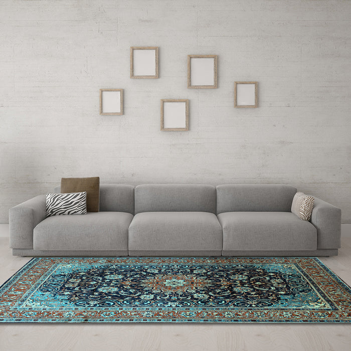 Machine Washable Medallion Light Blue Traditional Rug in a Living Room, wshtr250lblu