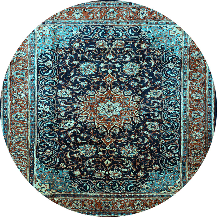Round Machine Washable Medallion Light Blue Traditional Rug, wshtr250lblu