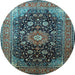 Round Machine Washable Medallion Light Blue Traditional Rug, wshtr250lblu